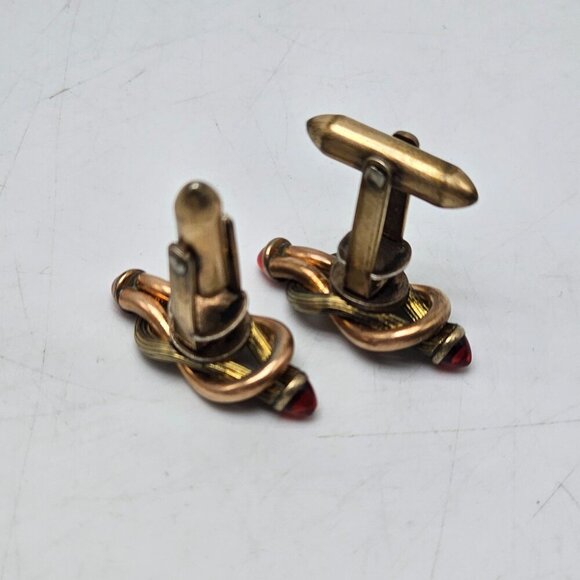 Vintage Gold Tone Knot Cufflinks With Red Crystal Accents For Men - Picture 3 of 4
